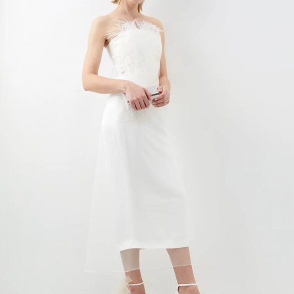 16Arlington Minelli feather-trim crepe midi dress NWT - Picture 1 of 12